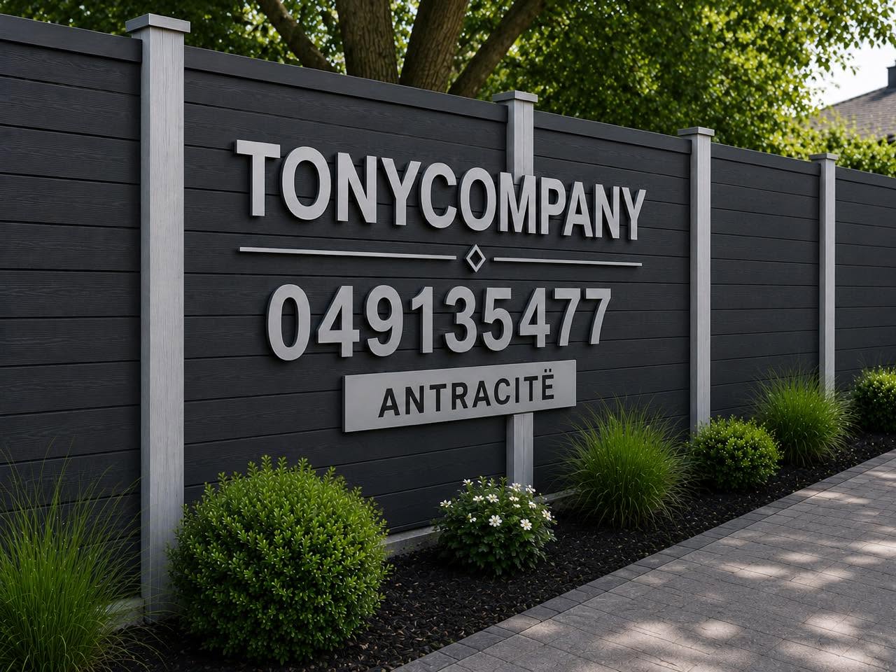 Gardh WPC antracit me mbishkrimin Tony Company dhe numrin e telefonit